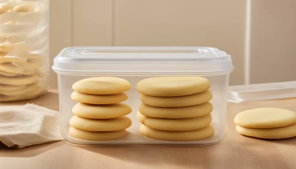 Biscoitos de maizena sendo armazenados em um recipiente com tampa e sendo colocados em um local fresco e seco