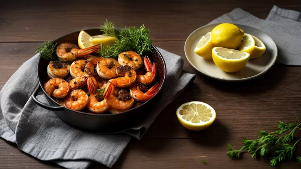 Camarões com morangas sobre a mesa Camarões com morangas sobre a mesa