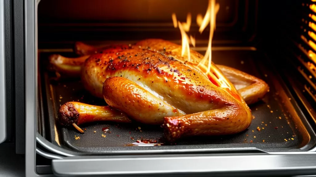 Frango assado sendo preparado