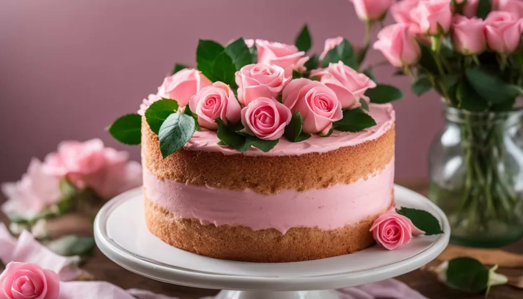 Bolo de aniversário impressionante coberto com glacé rosa e rosas