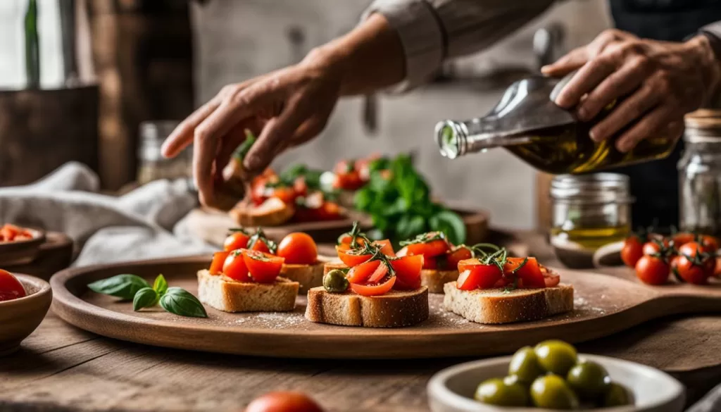 Bruschetta sendo servida em uma travessa, com fatias de pão crocante e tomate fresco por cima