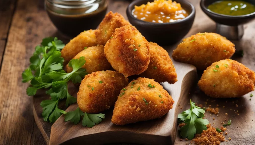 Coxinhas empanadas e fritas
