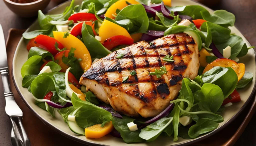 Frango com legumes e salada verde