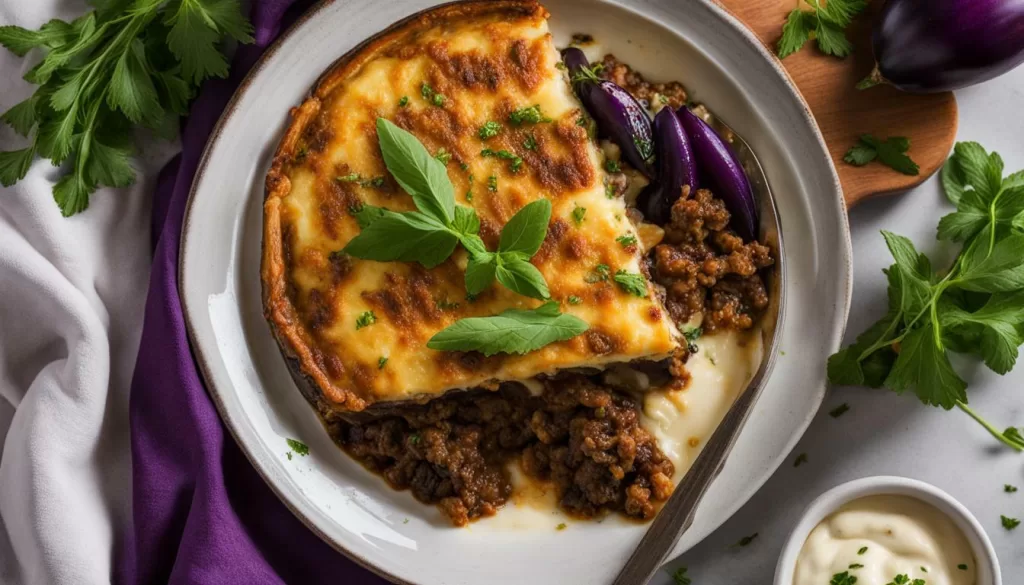 Moussaka Árabe sendo servida em um prato, com camadas de berinjela, carne e molho branco.