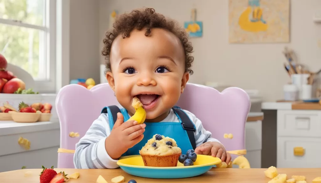 bebê feliz comendo frutas