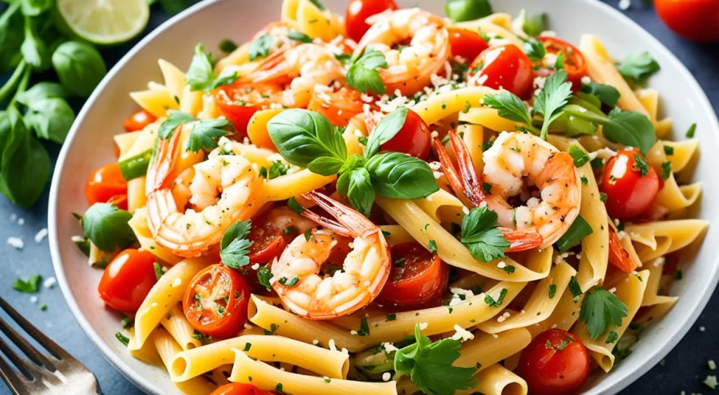 macarrão com camarão e legumes